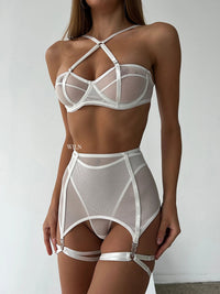 DEMAND White 3 Piece Bra, Suspenders & Thong Lace Up Lingerie Set