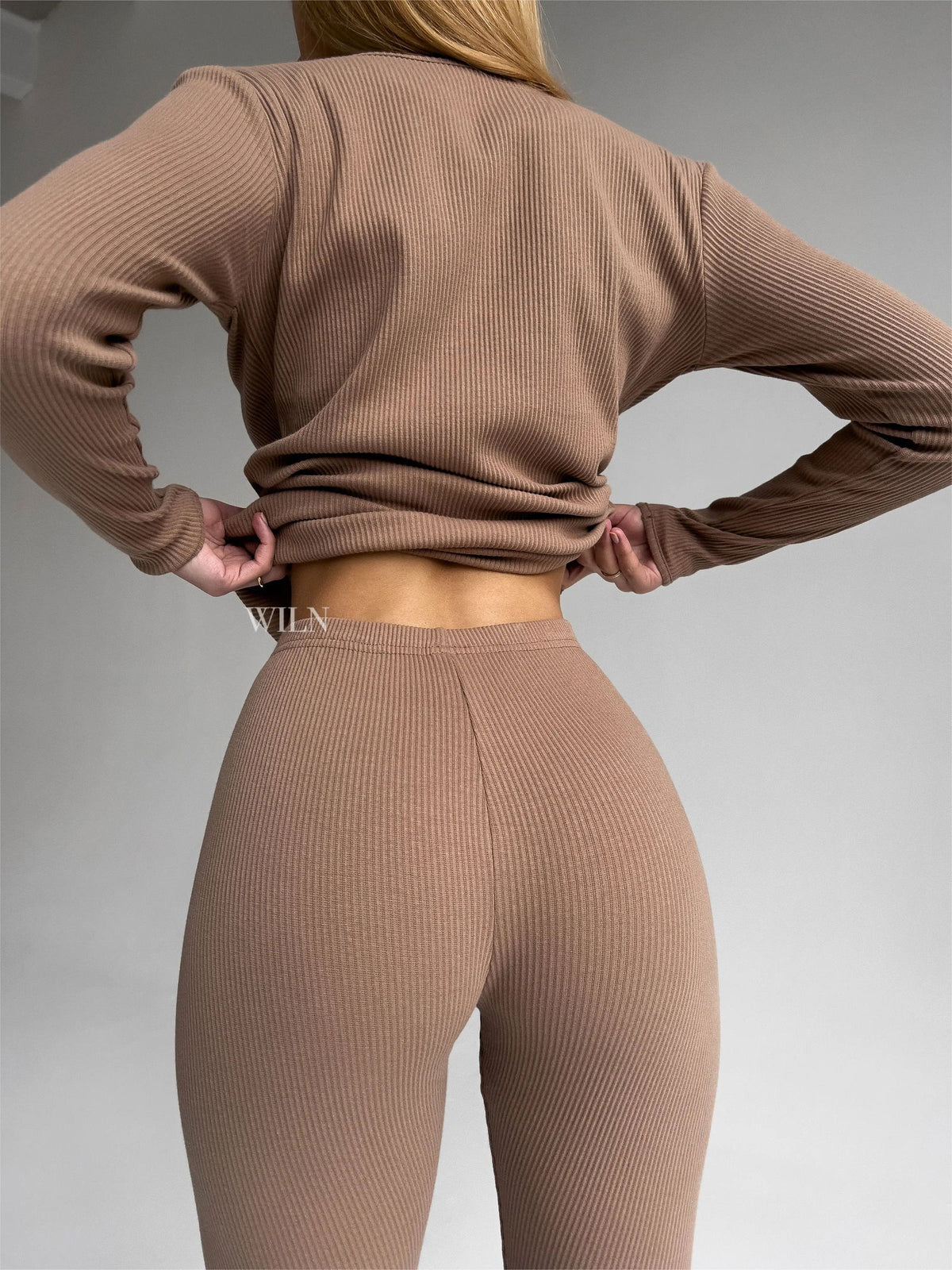EASE Women’s Personalised Two Piece Ribbed Cotton Loungewear Set Brown Biscuit