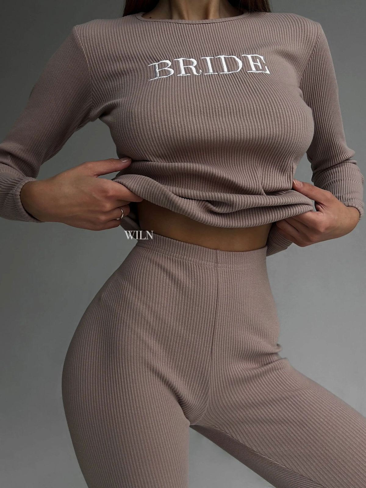 EASE Women’s Personalised 2 Piece Ribbed Cotton Mocha Brown Loungewear Set