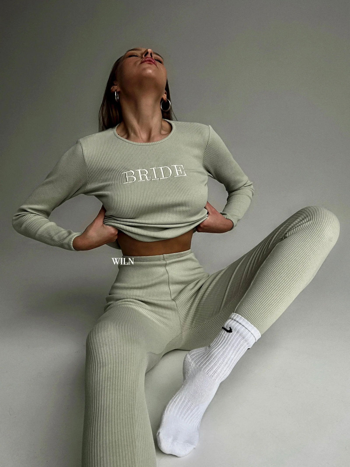 EASE Women’s Personalised 2 Piece Ribbed Cotton Sage Green Loungewear Set