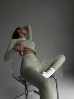 EASE Women’s Personalised 2 Piece Ribbed Cotton Sage Green Loungewear Set