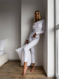 EASE Women's Personalised White Ribbed Cotton Long Sleeve Top & Trousers Loungewear Set