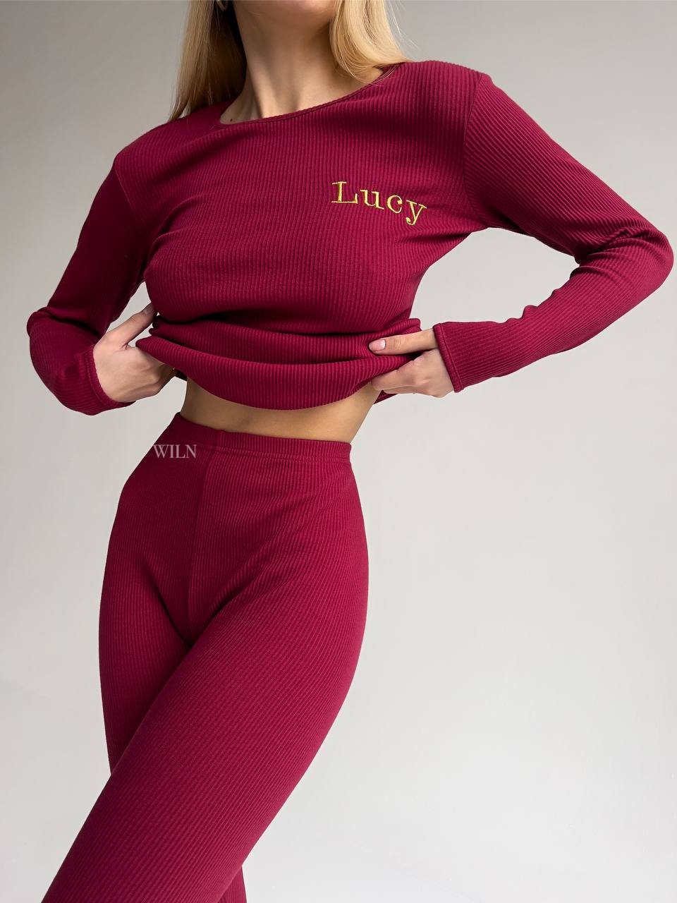 EASE Women’s Claret Red Personalised Two Piece Ribbed Cotton Loungewear Set