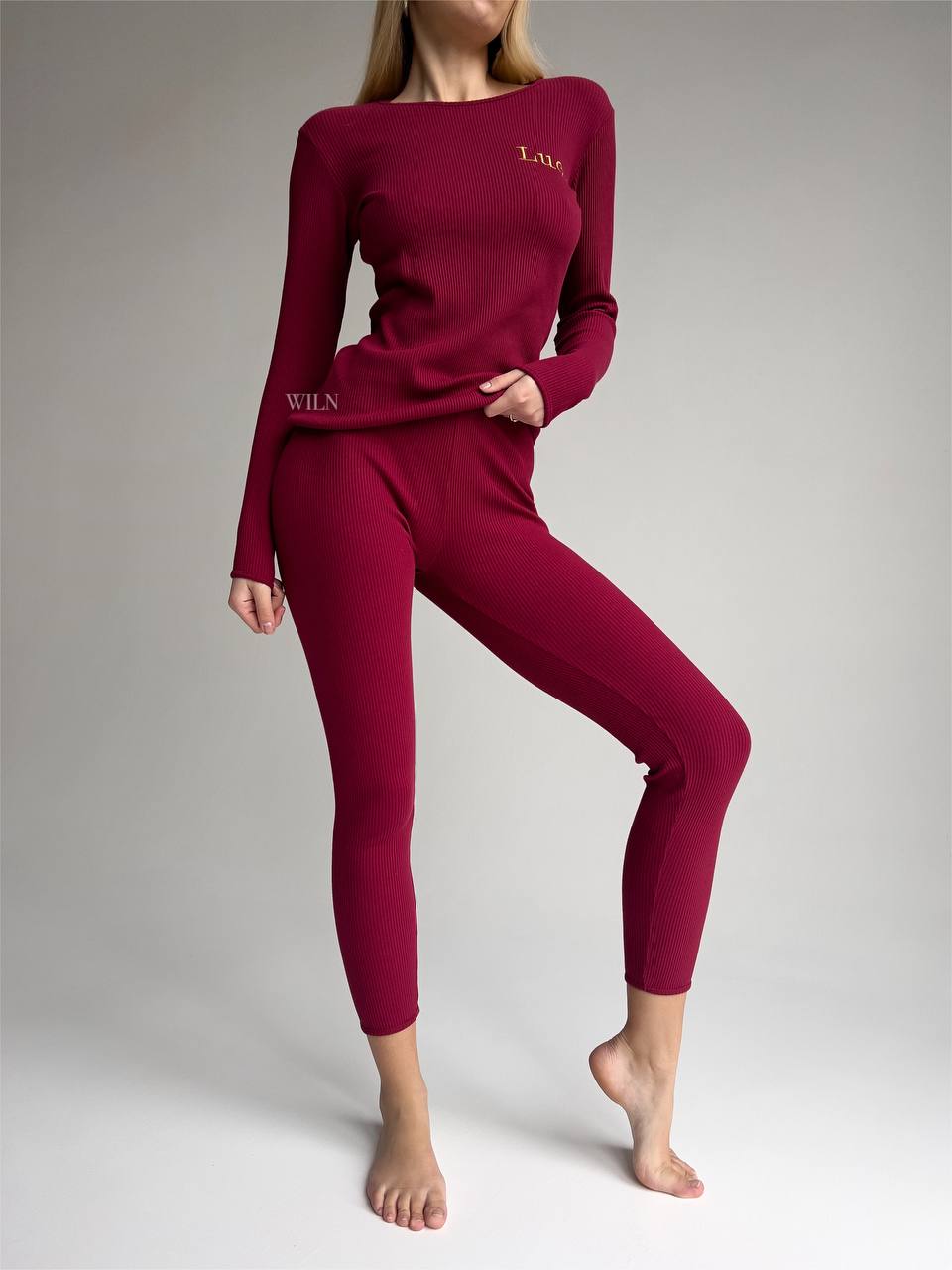 EASE Women’s Claret Red Personalised Two Piece Ribbed Cotton Loungewear Set