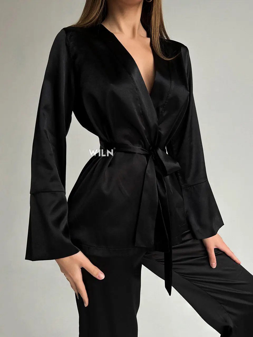 ELEGANCE Black Satin 2 Piece Tie Waist Women’s Loungewear Set