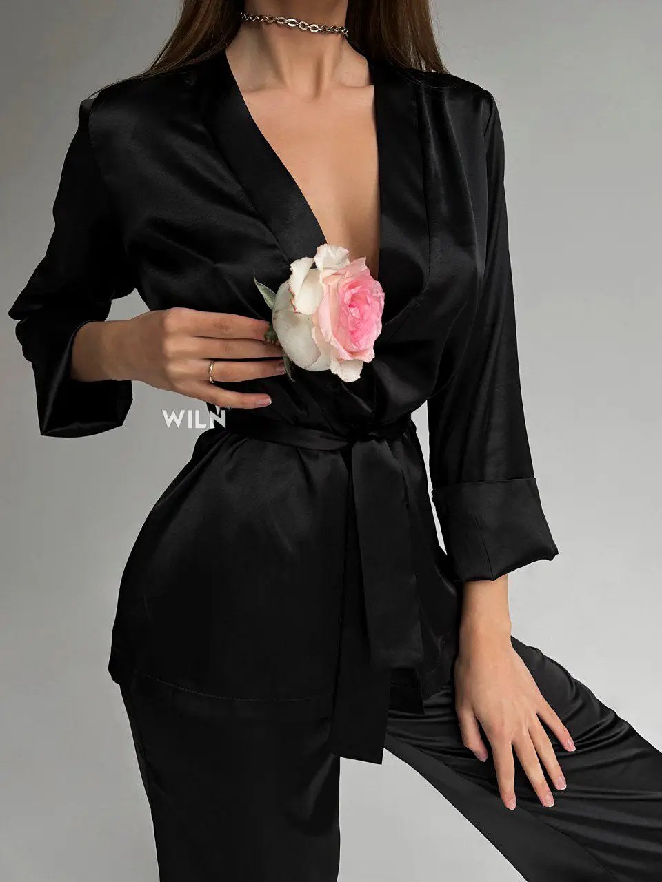 ELEGANCE Black Satin 2 Piece Tie Waist Women’s Loungewear Set