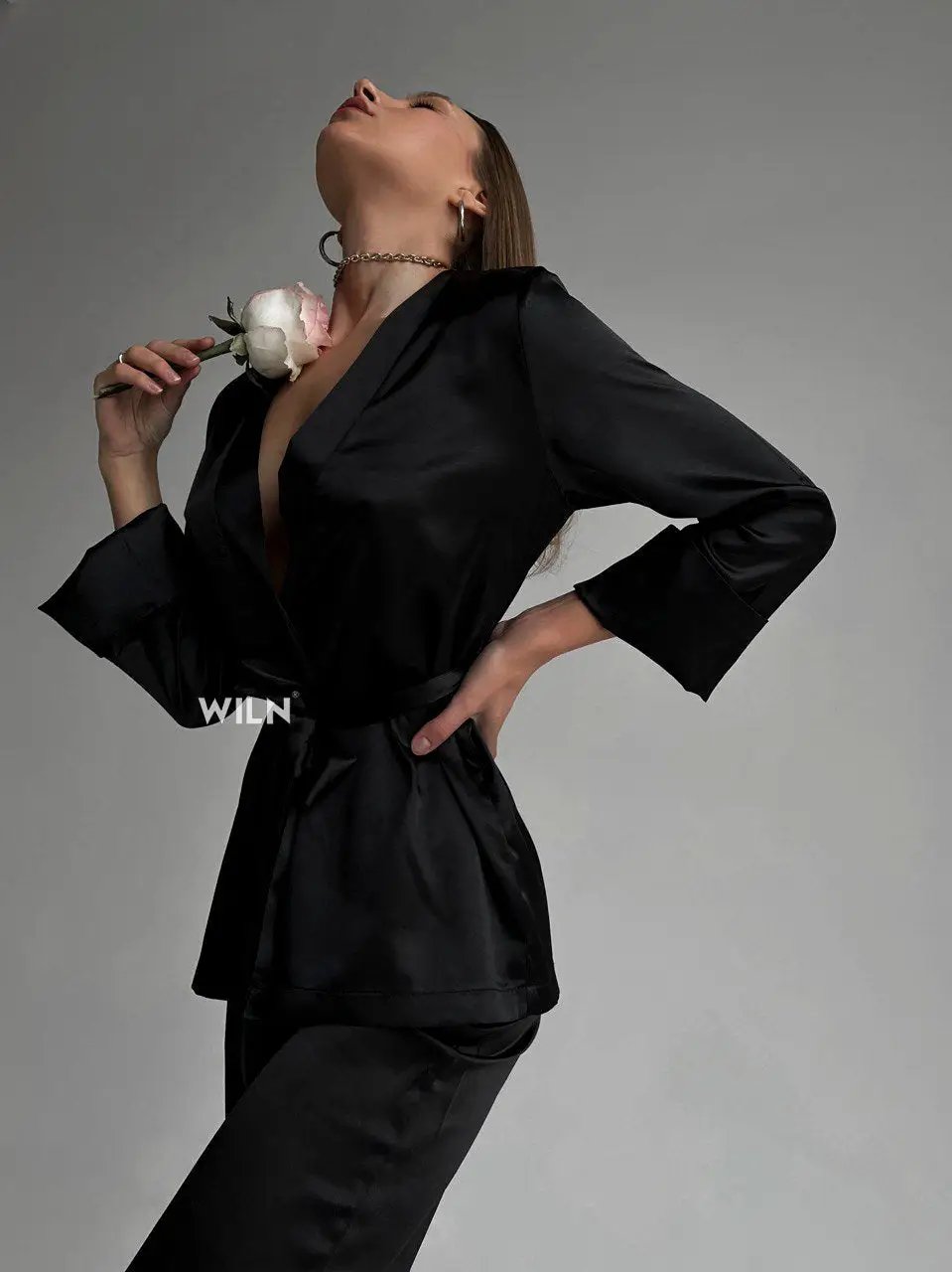 ELEGANCE Black Satin 2 Piece Tie Waist Women’s Loungewear Set
