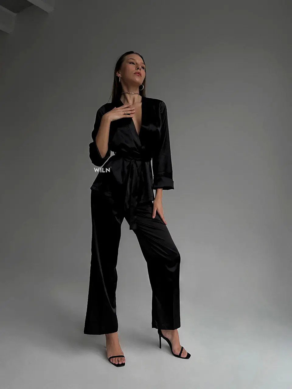 ELEGANCE Black Satin 2 Piece Tie Waist Women’s Loungewear Set Black