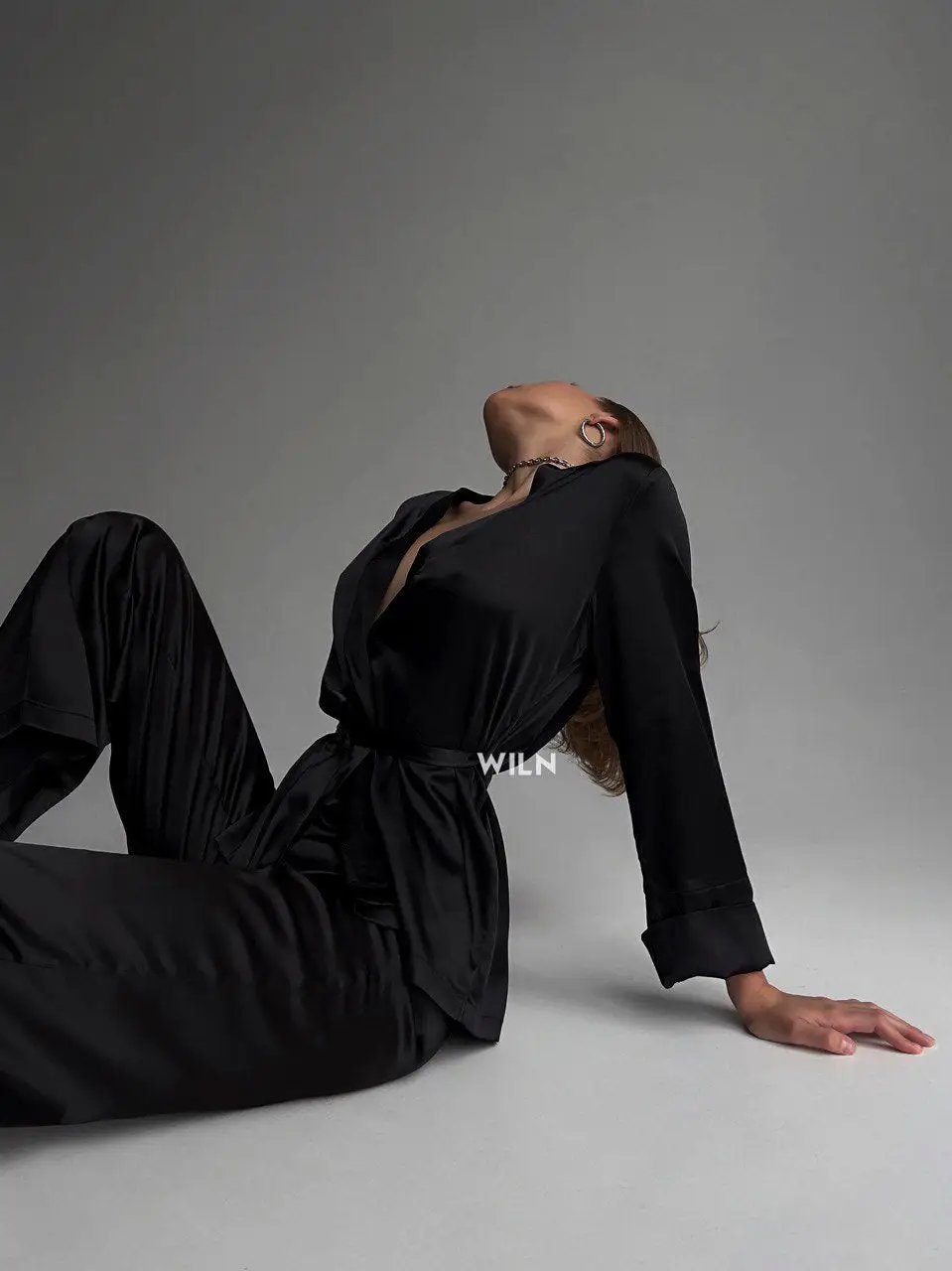 ELEGANCE Black Satin 2 Piece Tie Waist Women’s Loungewear Set