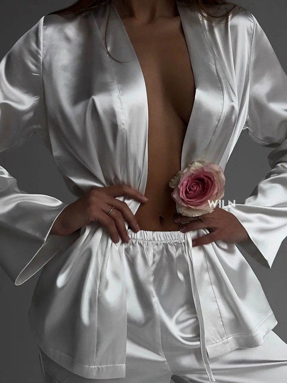 ELEGANCE Women’s White Satin 2 Piece Tie Waist Loungewear Set