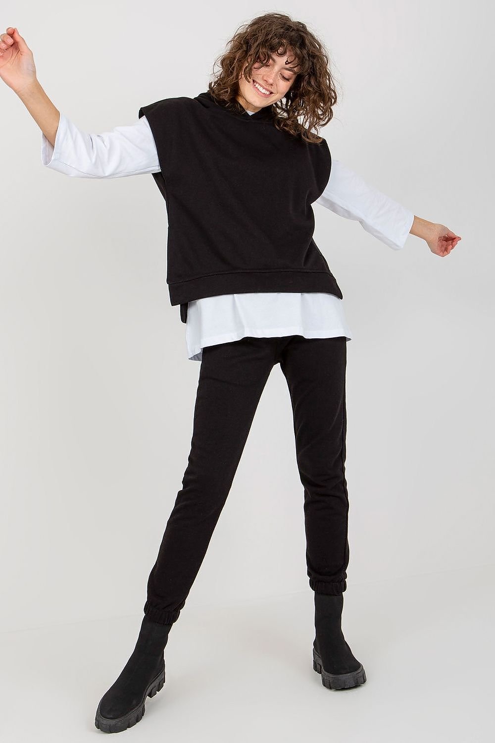 Ex Moda Loungewear Set with Blouse, Hooded Sweatshirt, and Tie-Waist Pants black one-size-fits-all