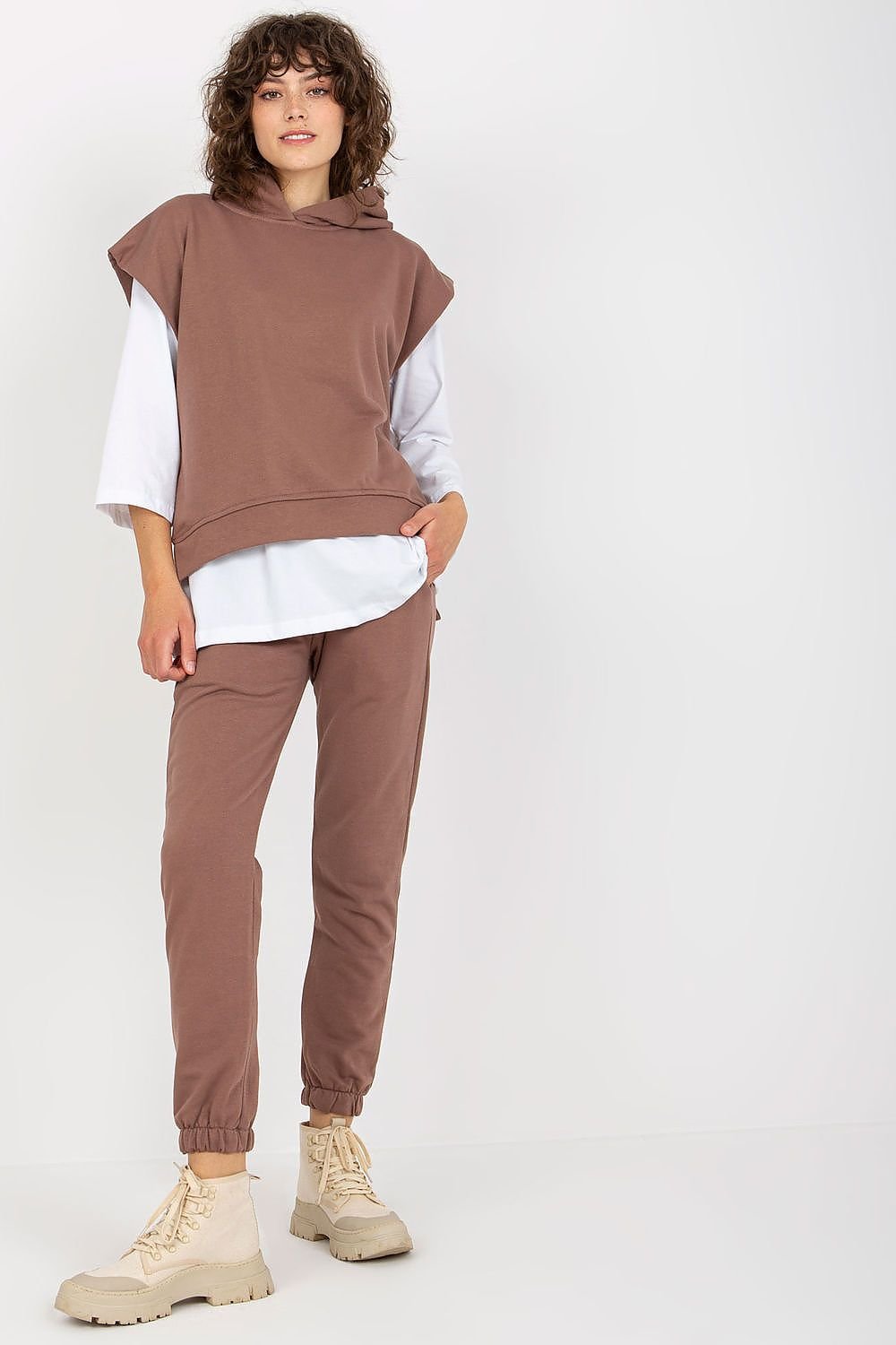 Ex Moda Loungewear Set with Blouse, Hooded Sweatshirt, and Tie-Waist Pants brown one-size-fits-all