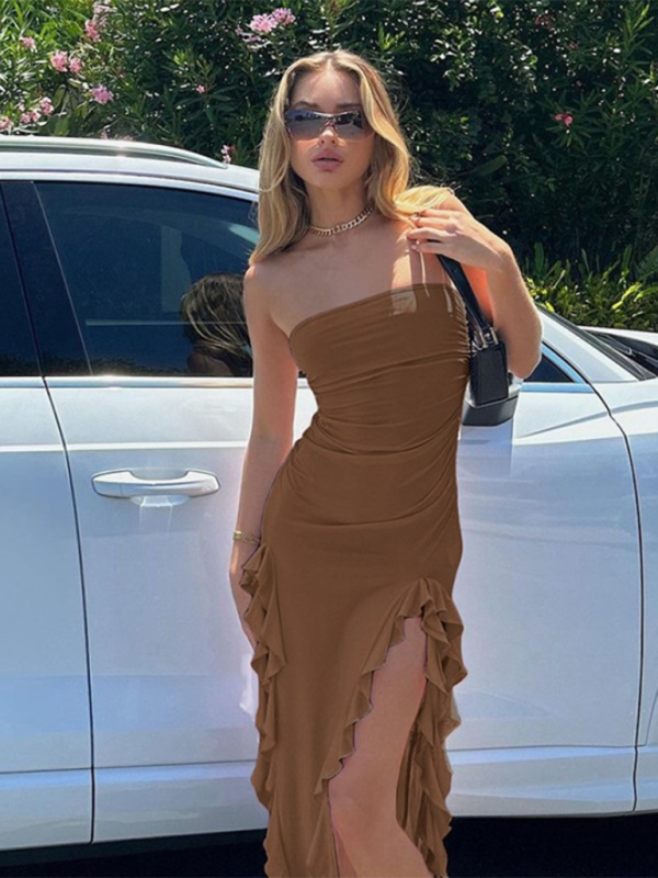 Fashion Sexy Tube Irregular Hem Dress Coffee