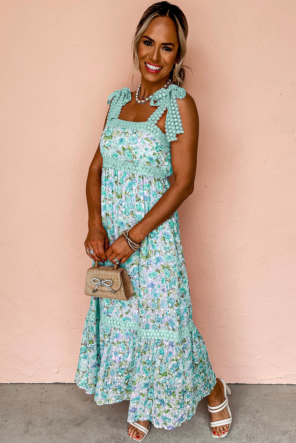 Floral Lace Tied Strap Empire Waist Maxi Dress
