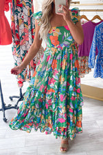 Floral Print Sleeveless Ruffle Tiered Maxi Dress Green 100% Polyester