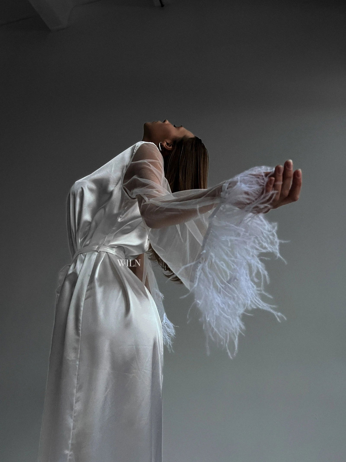 GODDESS Luxurious White Satin Kimono Sleeve Feather Trim Women’s Long Bridal Robe