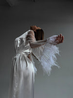 GODDESS Luxurious White Satin Kimono Sleeve Feather Trim Women’s Long Bridal Robe
