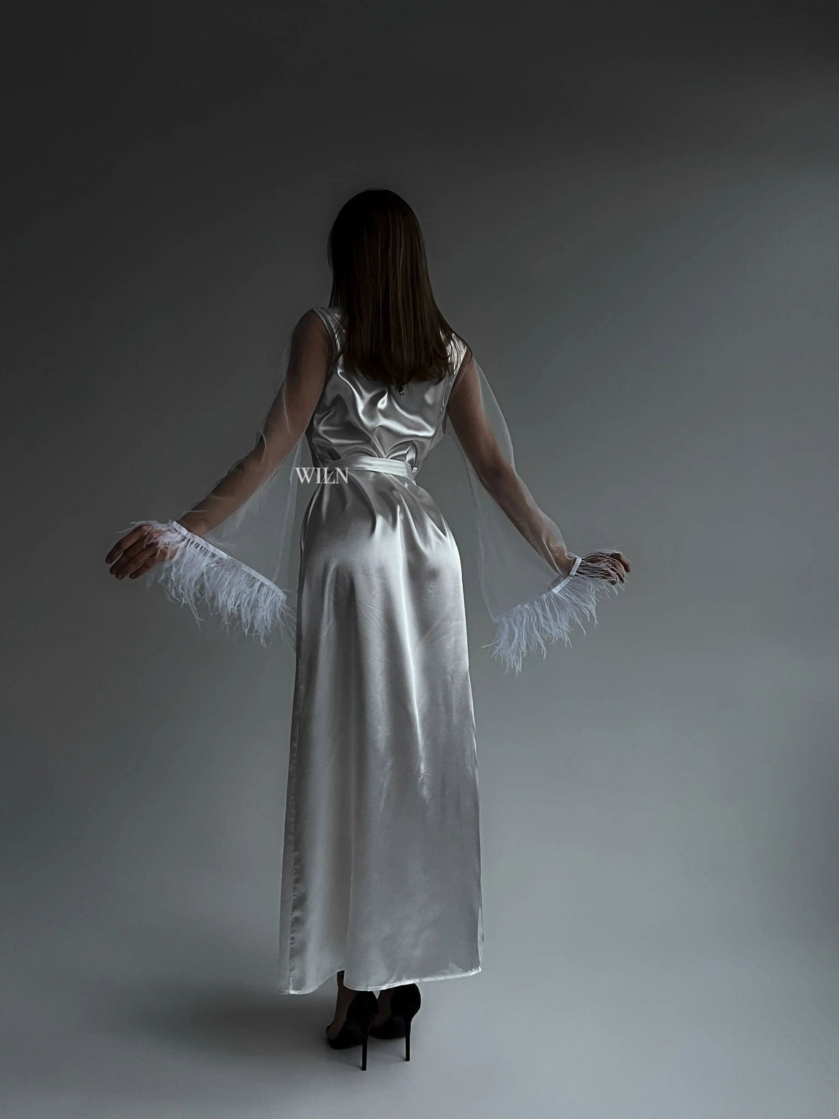 GODDESS Luxurious White Satin Kimono Sleeve Feather Trim Women’s Long Bridal Robe
