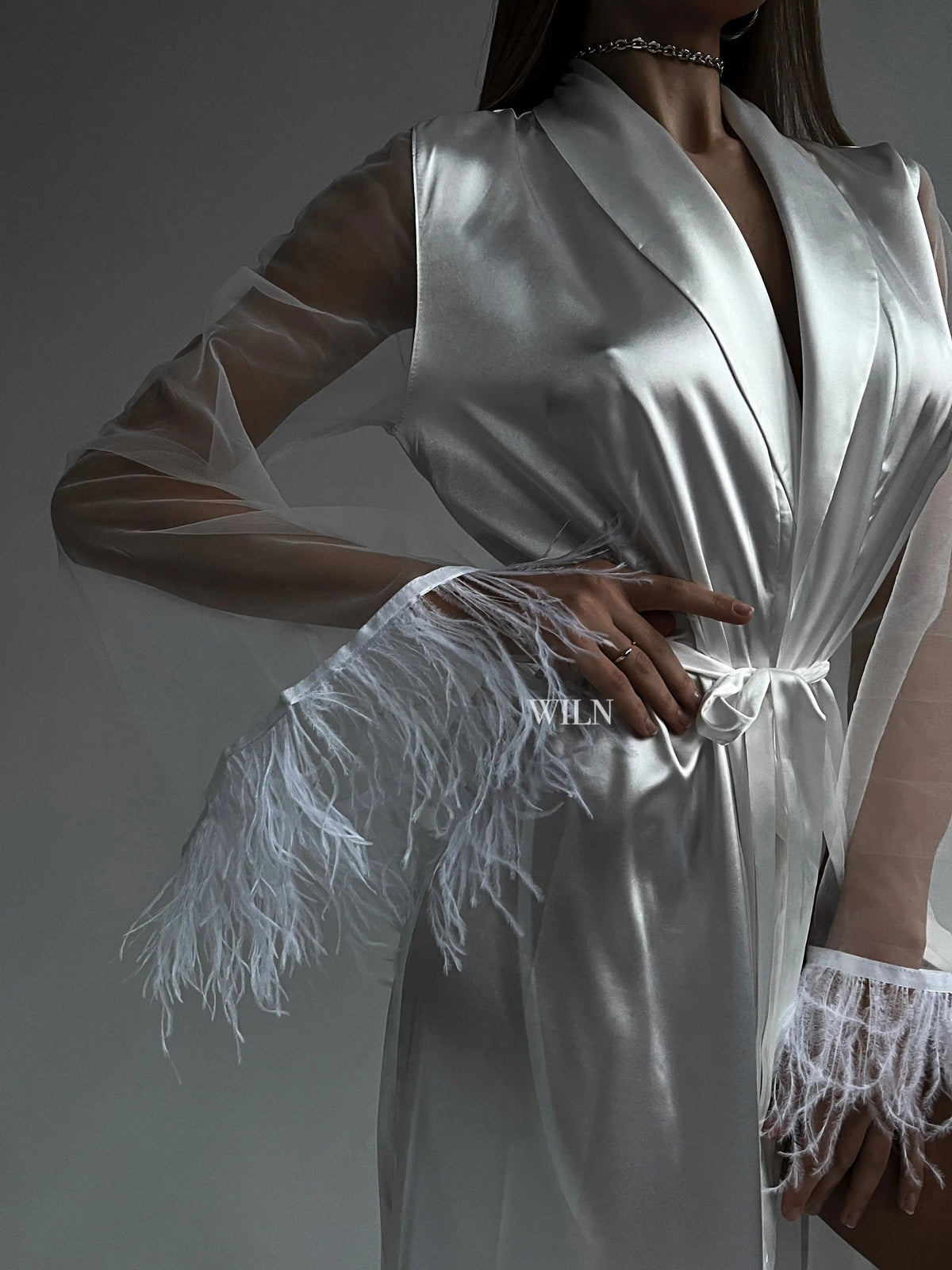 GODDESS Luxurious White Satin Kimono Sleeve Feather Trim Women’s Long Bridal Robe