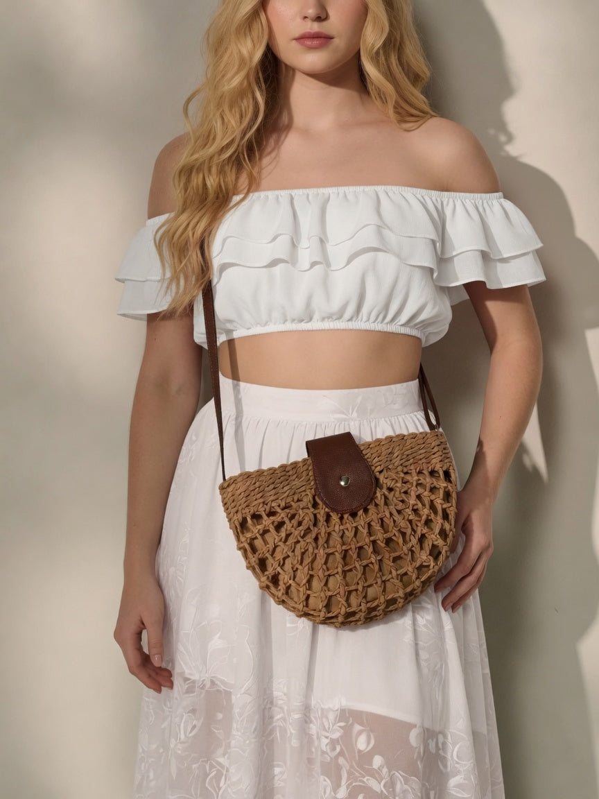 Natural Straw Half Moon Crossbody Bag — Women's Raffia Beach & Holiday Bag