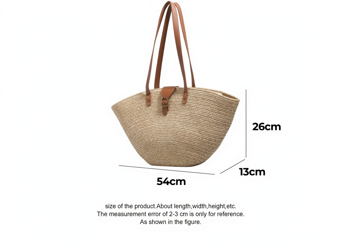 French Style Woven Raffia Basket Bag with Tan Leather Handle — Women's Market Summer Tote