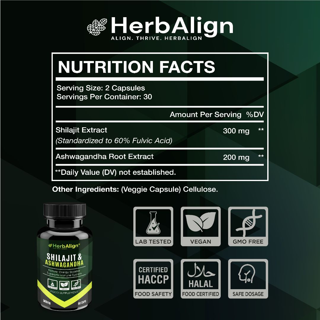 Herbalign Organic Ashwagandha & Shilajit - Natural Pure Raw Caps UK Lab tested