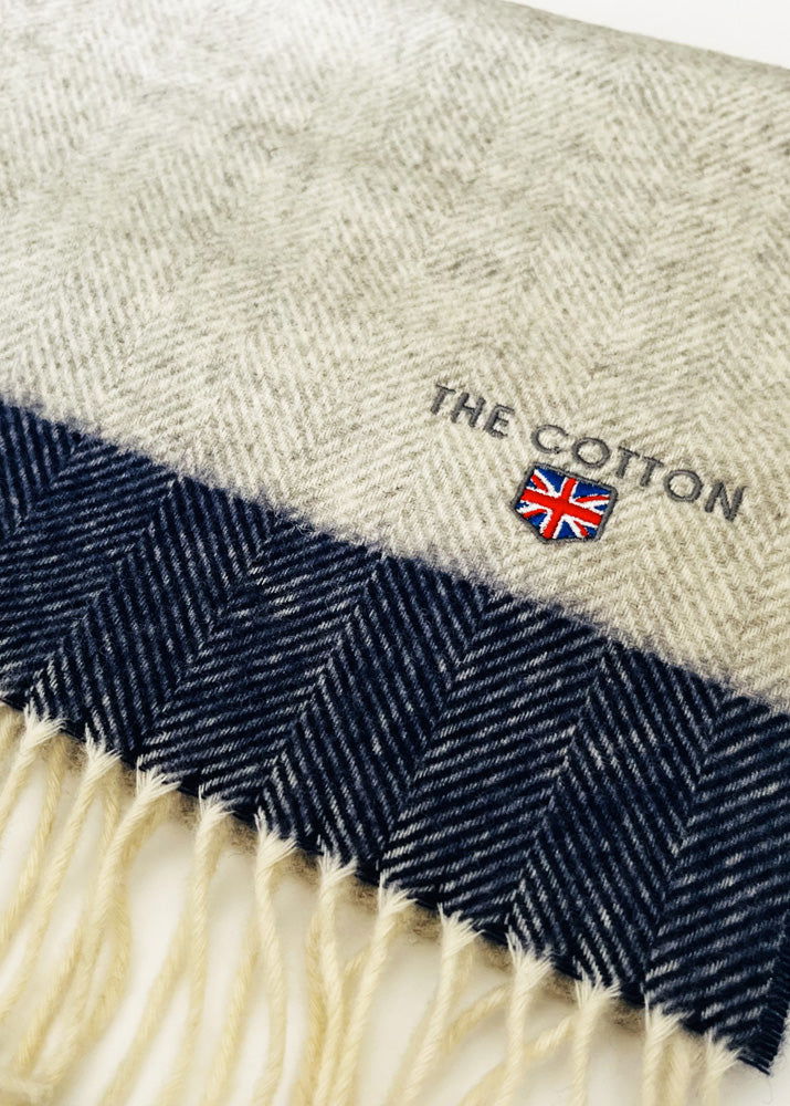 Herringbone Lambswool Fringe Scarf Gray & Navy Blue