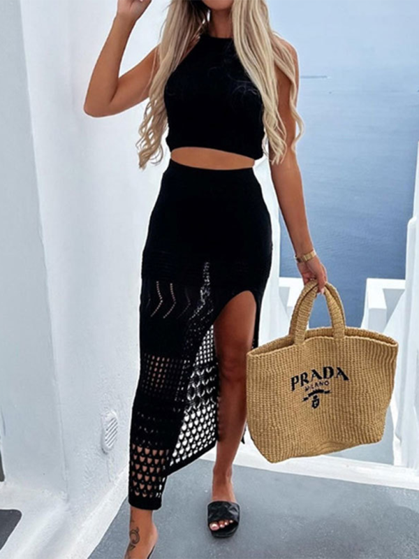 Hollow Bikini Cover-up Cropped Top High Waisted Skirt Two-piece Co-ord Set