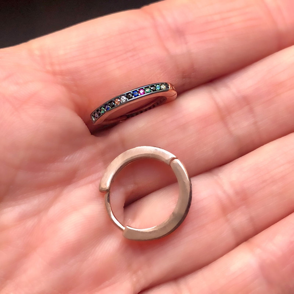Hoop Earrings with Small Pave-set Stones Rose Gold Plated Silver Medium Rainbow