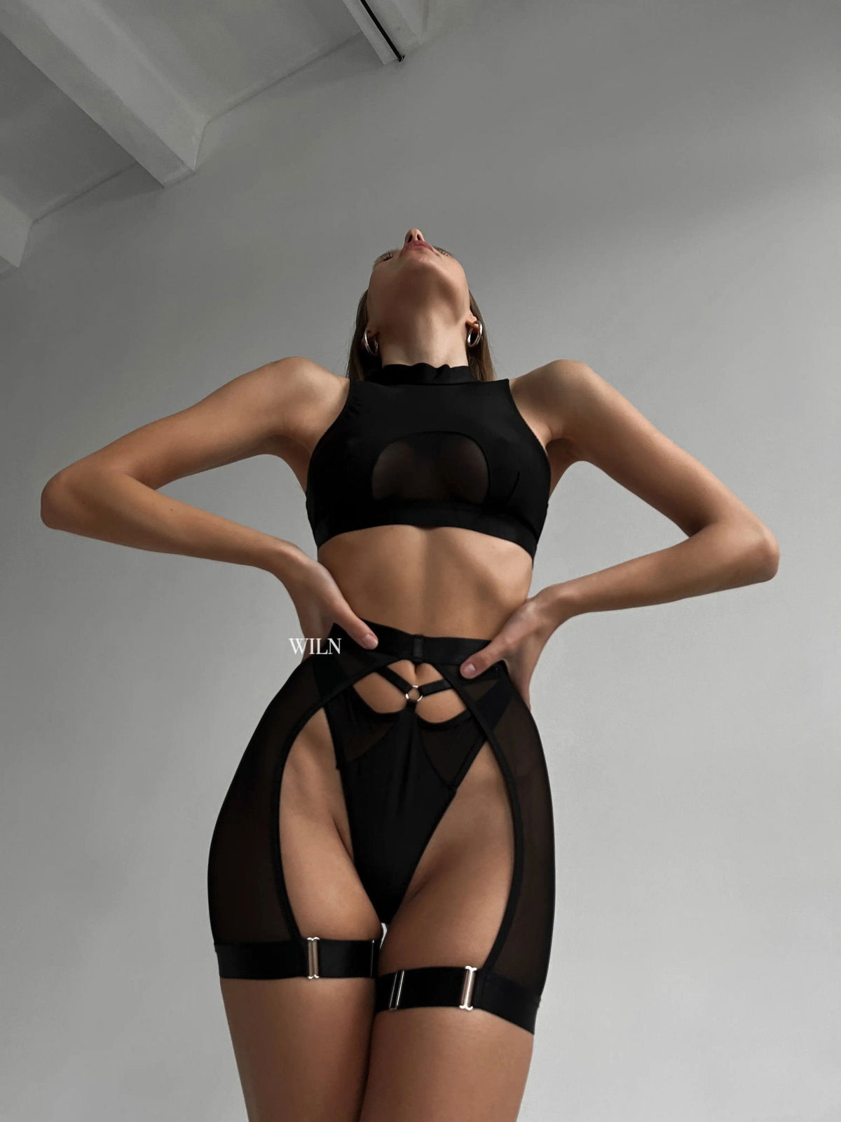 HYPNOSIS Black Mesh Waist Cinching 3 Piece Lingerie Set Black S