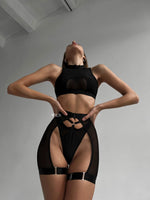 HYPNOSIS Black Mesh Waist Cinching 3 Piece Lingerie Set Black S