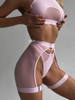 HYPNOSIS Pink Waist Cinching Mesh 3 Piece Lingerie Set
