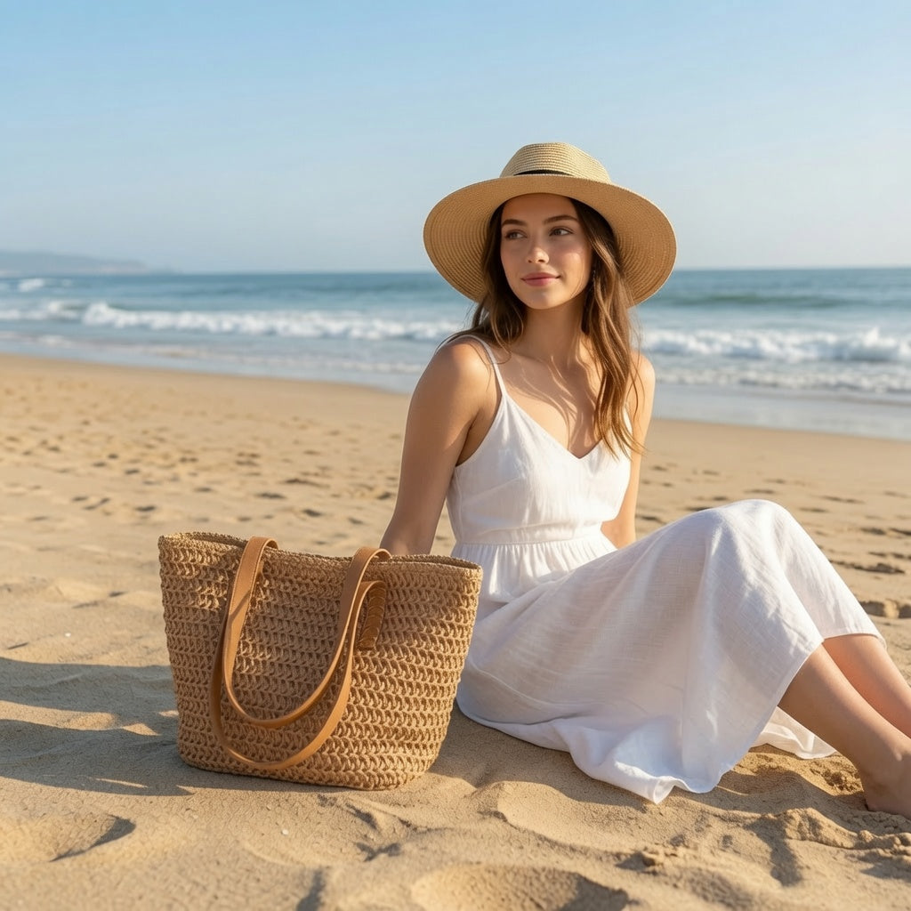 Natural Straw Woven Raffia Shopper Tote Bag — Women's Large Summer Beach Bag