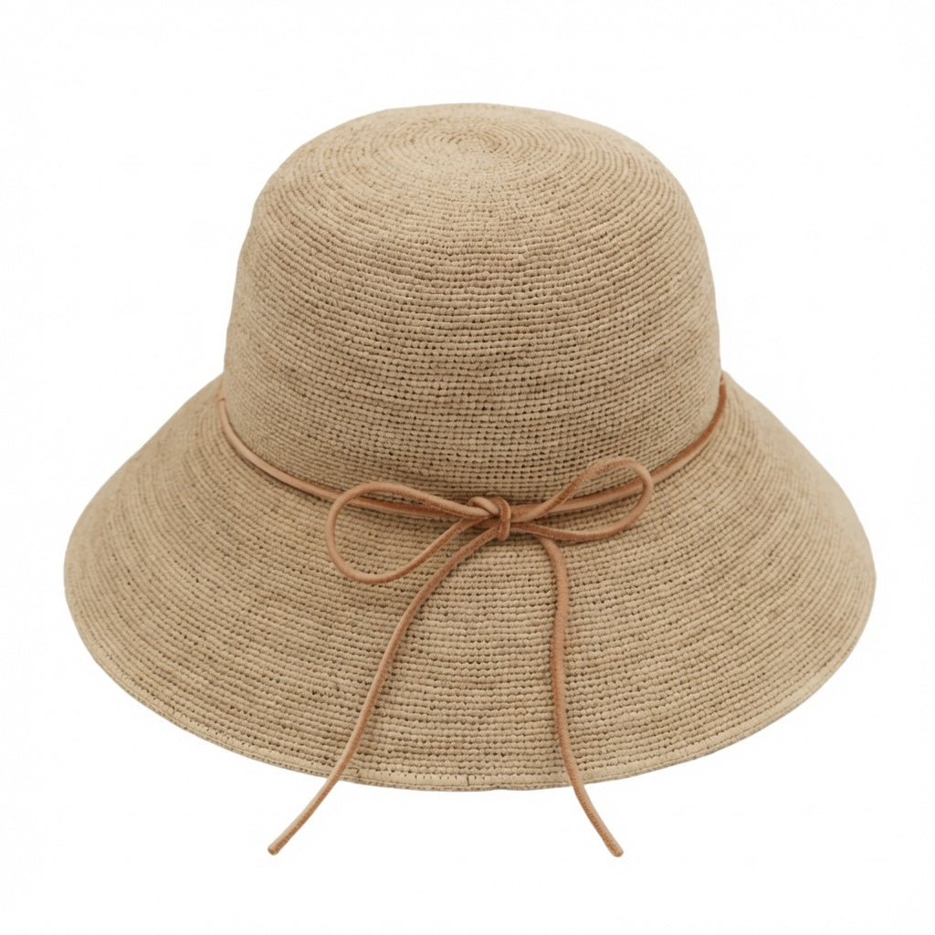 Stone Straw Bow Bucket Hat — Women's Raffia Beach Hat with Bow Detail