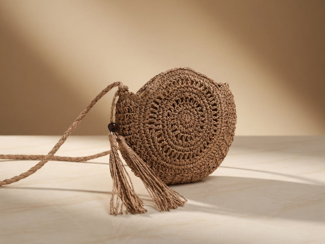 Round Hollow Woven Raffia Shell Crossbody Bag — Women's Boho Beach Shoulder Bag