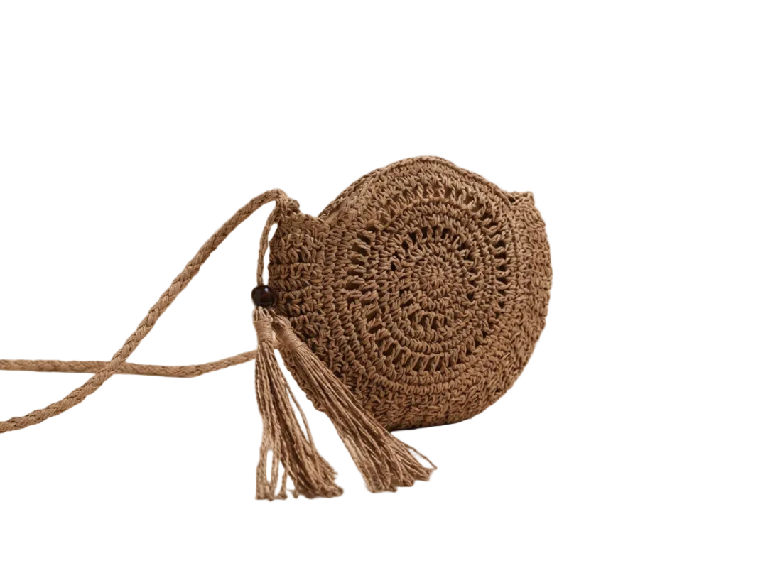 Round Hollow Woven Raffia Shell Crossbody Bag — Women's Boho Beach Shoulder Bag