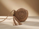 Round Hollow Woven Raffia Shell Crossbody Bag — Women's Boho Beach Shoulder Bag