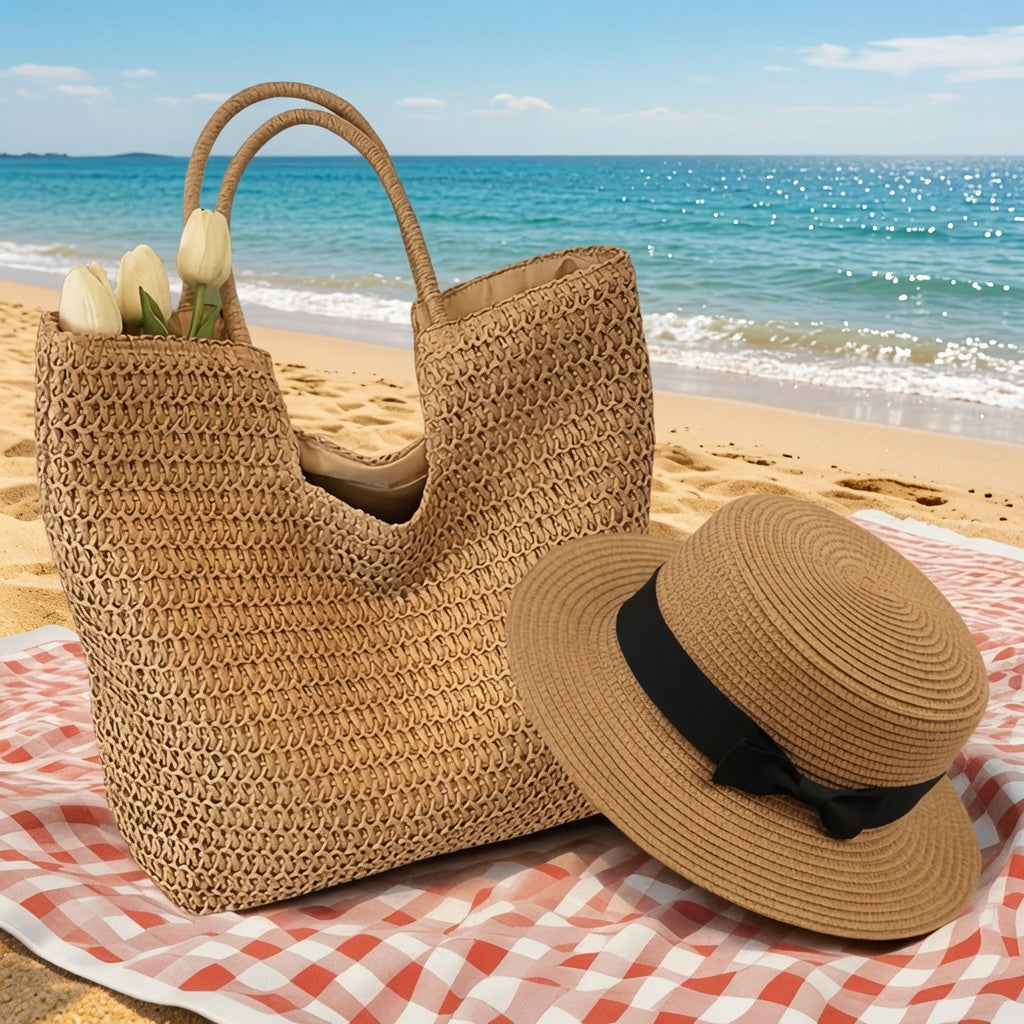 Beige Raffia Tote Bag & Straw Hat Set — 2-Piece Woven Beach Holiday Set for Women – alternate view 2