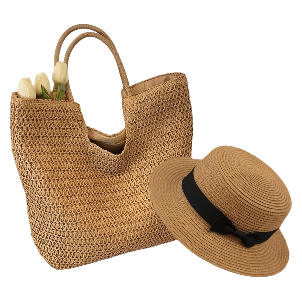 Beige Raffia Tote Bag & Straw Hat Set — 2-Piece Woven Beach Holiday Set for Women
