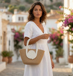 Large Capacity Two-Tone Raffia Tote Bag — Beige & Cream Women's Summer Beach Bag
