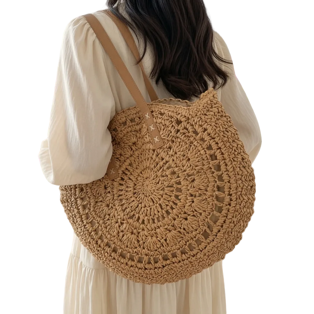 Classic Woven Round Raffia Tote Bag — Patterned Beige Women's Summer Bag