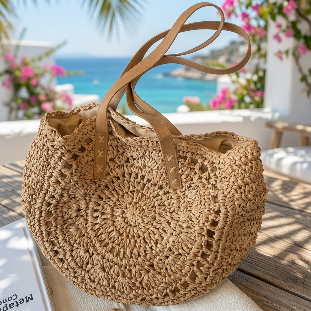 Classic Woven Round Raffia Tote Bag — Patterned Beige Women's Summer Bag – alternate view 2