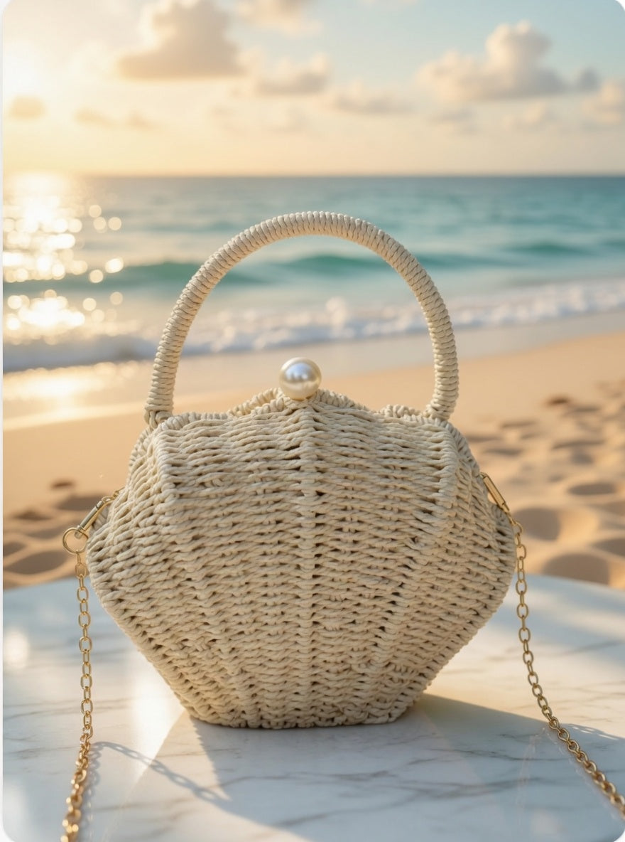 Shell Shape Raffia Woven Clutch Bag with Pearl Detail — Crossbody Shoulder Bag for Women – alternate view 2