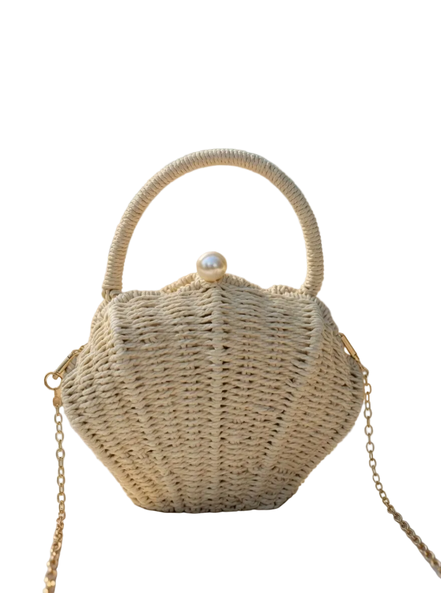 Shell Shape Raffia Woven Clutch Bag with Pearl Detail — Crossbody Shoulder Bag for Women