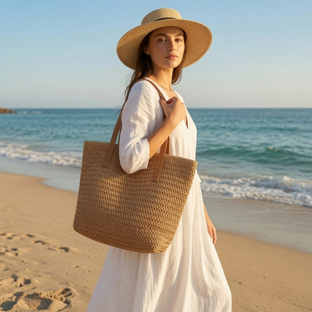 Natural Straw Woven Raffia Shopper Tote Bag — Women's Large Summer Beach Bag