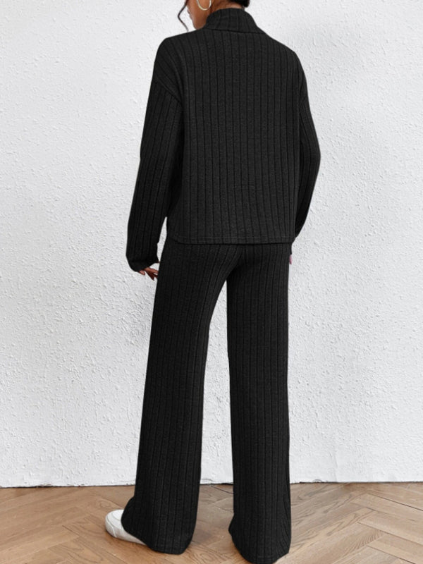 Casual High Collar Knitted Long Sleeve Women's Two-Piece Loungewear Set