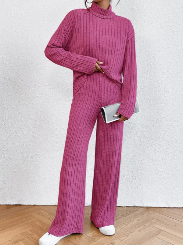 Casual High Collar Knitted Long Sleeve Women's Two-Piece Loungewear Set