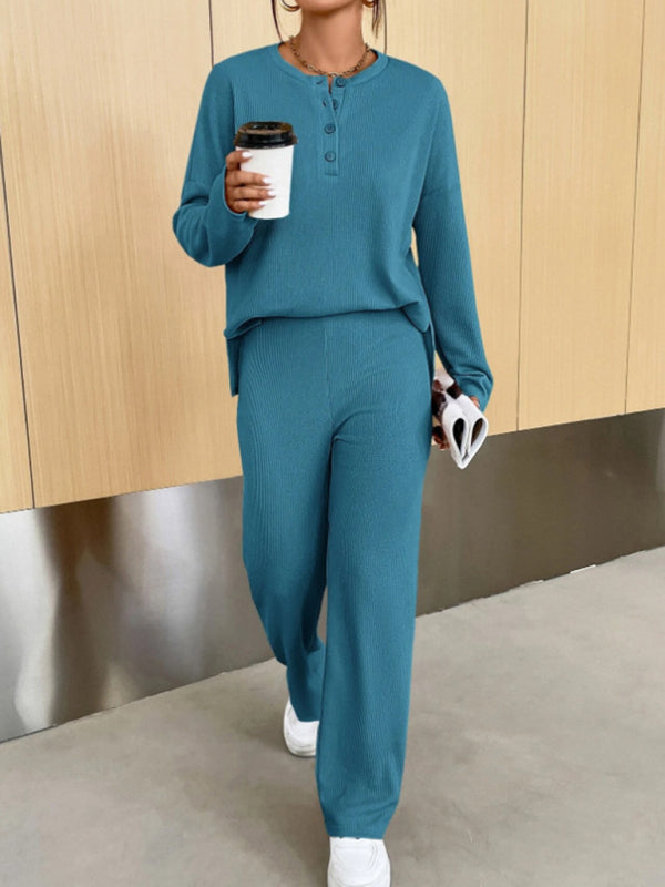 Casual Round Neck Knit Two-Piece Loungewear Set Green