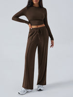 Women's Crew Neck Long Sleeve Top & Wide Leg Pants Set Brown