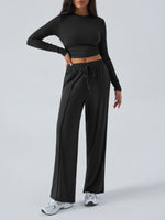 Women's Crew Neck Long Sleeve Top & Wide Leg Pants Set Black